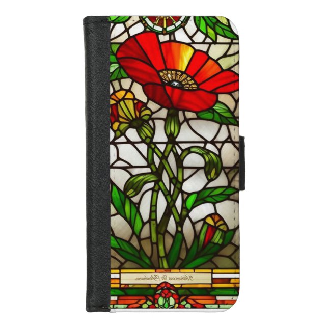 Elegant Stained Glass Red Flower iPhone Wallet Case (Front)
