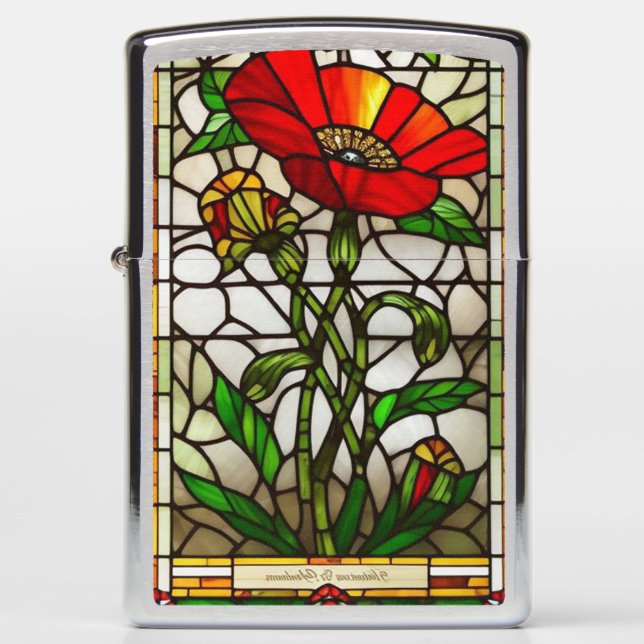 Elegant Stained Glass Red Flower Zippo Lighter (Front)