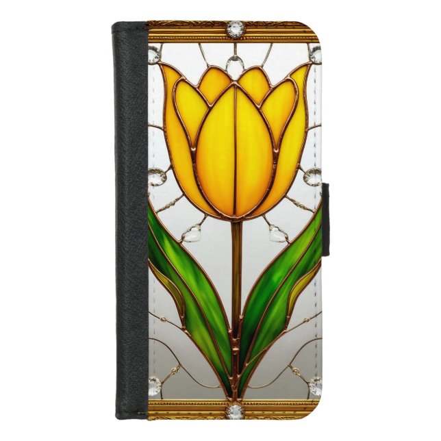 Elegant Stained Glass Tulip With Gold Frame iPhone Wallet Case (Front)