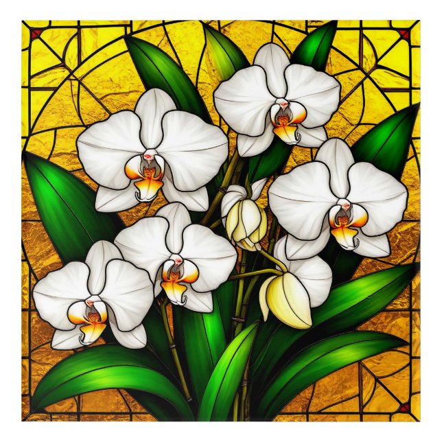 Elegant Stained Glass White Orchids Acrylic Print (Front)