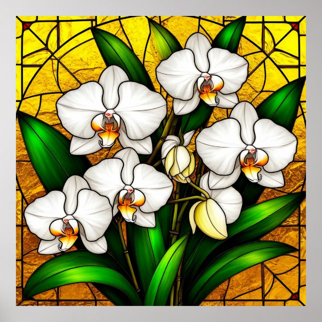 Elegant Stained Glass White Orchids Poster (Front)