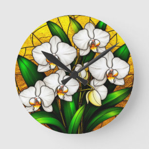 Elegant Stained Glass White Orchids Round Clock