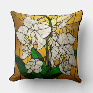Elegant Stained Glass White Orchids Throw Pillow