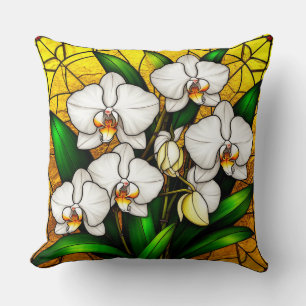 Elegant Stained Glass White Orchids Throw Pillow