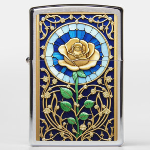 Elegant Stained Glass Window With Golden Rose Zippo Lighter