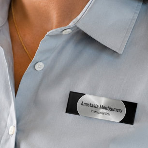 Elegant Stainless Steel Silver Oval Black Text Name Tag