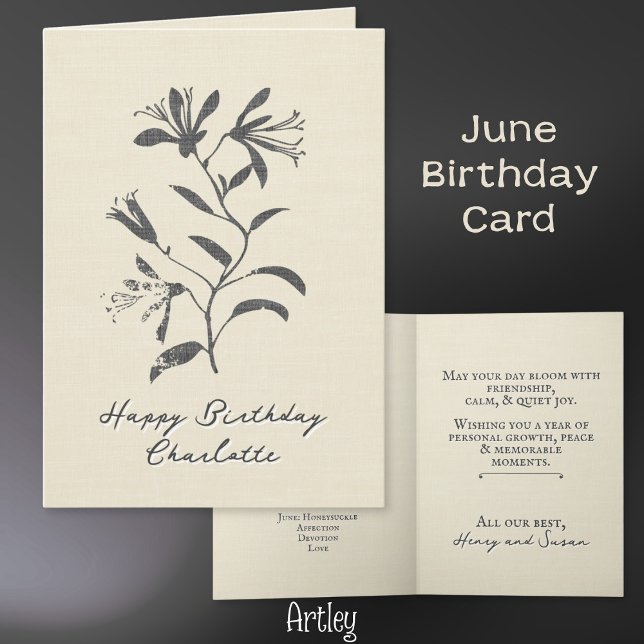 Elegant Stamp Honeysuckle June Birth Flower Linen Card (Creator Uploaded)