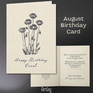 Elegant Stamped Poppy August Birth Flower Linen Card