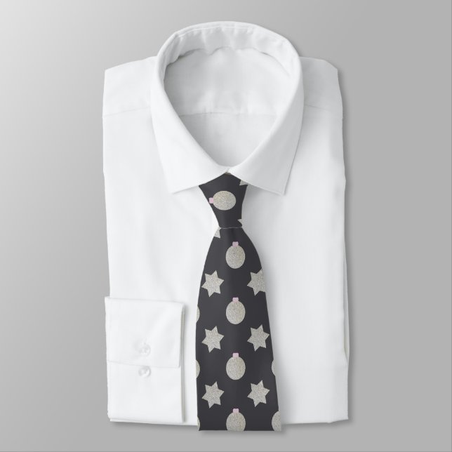 Elegant Star and Christmas Bauble Silver and Black Neck Tie (Tied)