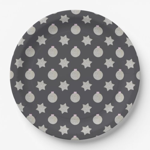 Elegant Star and Christmas Bauble Silver and Black Paper Plates
