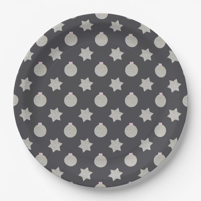 Elegant Star and Christmas Bauble Silver and Black Paper Plates (Front)