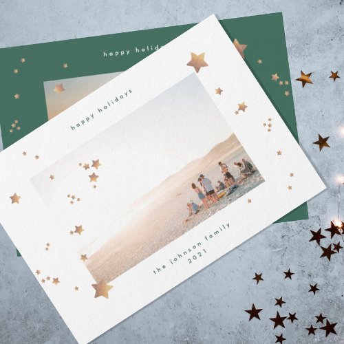 Elegant Star Green White Christmas Two Photo Happy Holiday Card