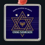 Elegant Star of David Hanukkah Ornament<br><div class="desc">Elegant Star of David Hanukkah Ornament | Chag Sameach Menorah Design Celebrate the Festival of Lights with this elegant Hanukkah ornament featuring a golden Star of David and menorah on a deep blue background. Available in a square silver metal frame and multiple other shapes and sizes, it’s perfect for decorating...</div>