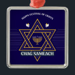 Elegant Star of David Hanukkah Ornament<br><div class="desc">Elegant Star of David Hanukkah Ornament | Chag Sameach Menorah Design Celebrate the Festival of Lights with this elegant Hanukkah ornament featuring a golden Star of David and menorah on a deep blue background. Available in a square silver metal frame and multiple other shapes and sizes, it’s perfect for decorating...</div>