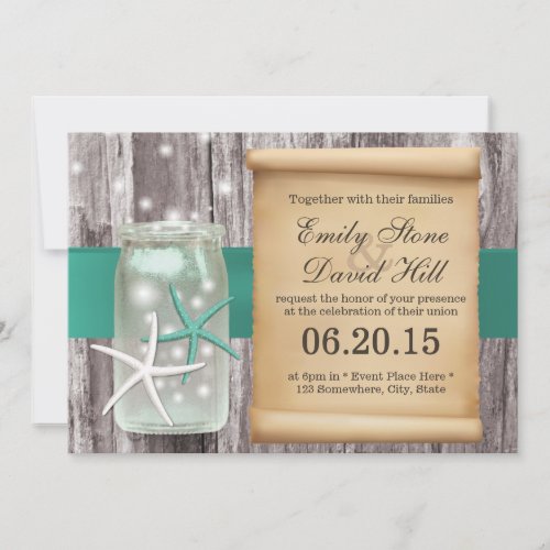Elegant Starfish &amp; Mason Jar Beach Wedding 5x7 Paper Invitation Card