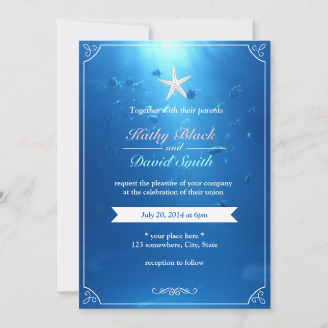 Elegant Starfish Ocean Blue Wedding Invitations (Front)