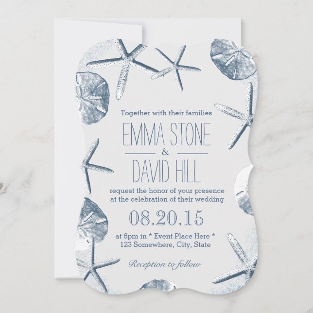 Elegant Starfish & Sand Dollar Beach Wedding Invitation (Front)