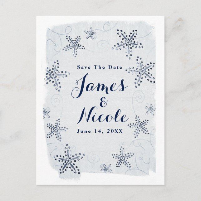 Elegant Starfish & Sequins Beach Save the Date Announcement Postcard (Front)