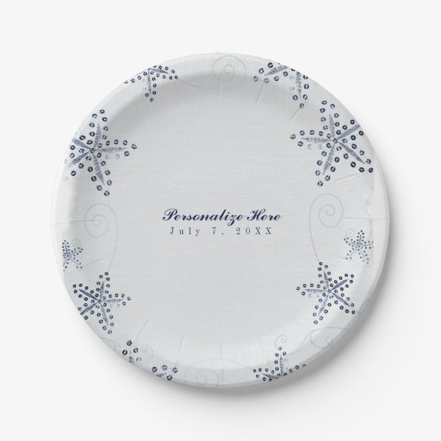 Elegant Starfish & Sequins Blue Beach Party Paper Plates (Front)
