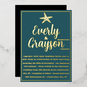 Elegant Starfish Teal and Gold Beach Wedding       Foil Invitation