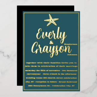 Elegant Starfish Teal and Gold Beach Wedding Foil Invitation