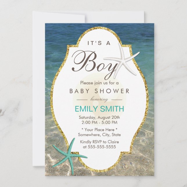 Elegant Starfish Tropical Beach Boy Baby Shower Invitation (Front)