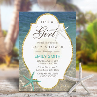 Elegant Starfish Tropical Beach Girl Baby Shower Invitation