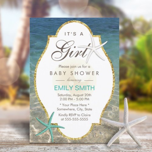 Elegant Starfish Tropical Beach Girl Baby Shower Invitation