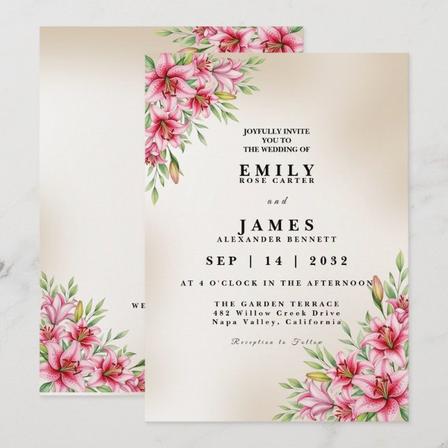 Elegant Stargazer Lily Wedding Invitation (Front/Back)
