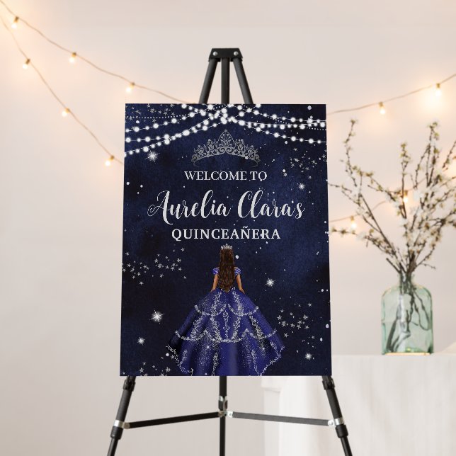 Elegant Starry Night Navy Blue Silver Quinceañera Foam Board (In Situ (Stand))