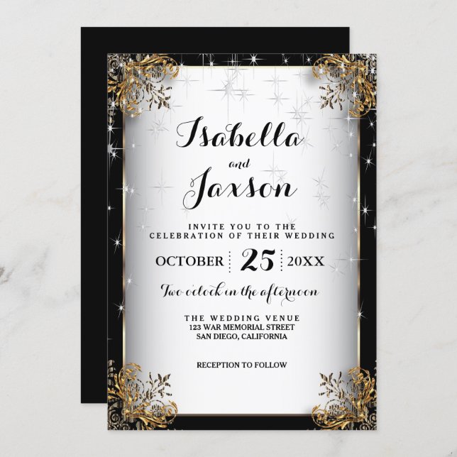Elegant Starry Night Wedding in Black and Gold Invitation (Front/Back)