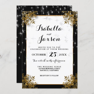 Elegant Starry Night Wedding in Black and Gold Invitation