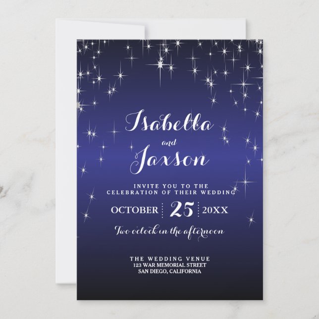 Elegant Starry Night Wedding in Dark Blue Invitation (Front)