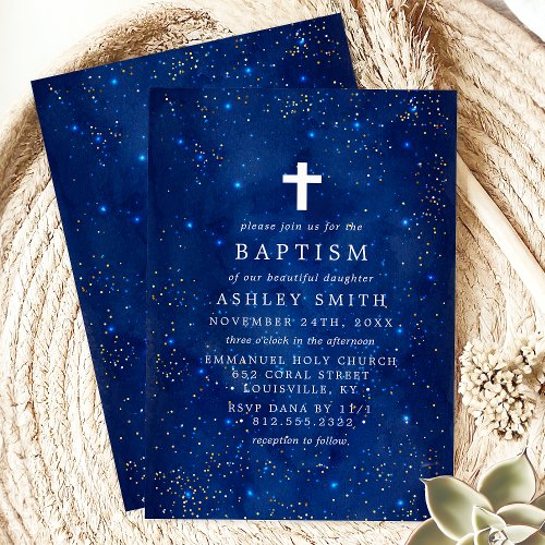 Elegant Starry Night With Cross Baptism Invitation