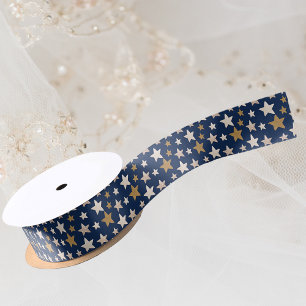Elegant Stars Christmas Blue Gold Ribbon