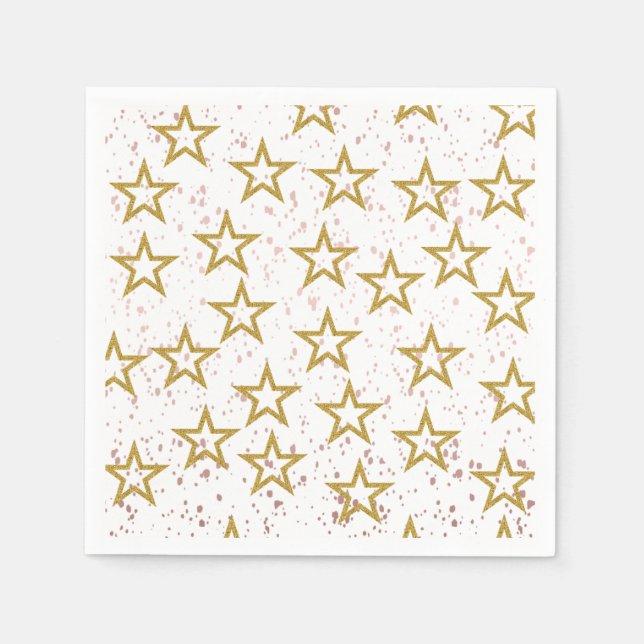 Elegant Stars Confetti Pink, White And Gold Party Napkins (Front)