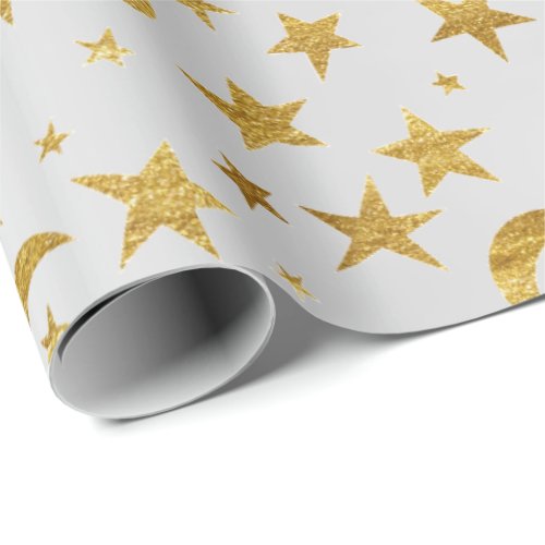 Elegant Stars Moon Silver Gray Gold Metallic Sky Wrapping Paper