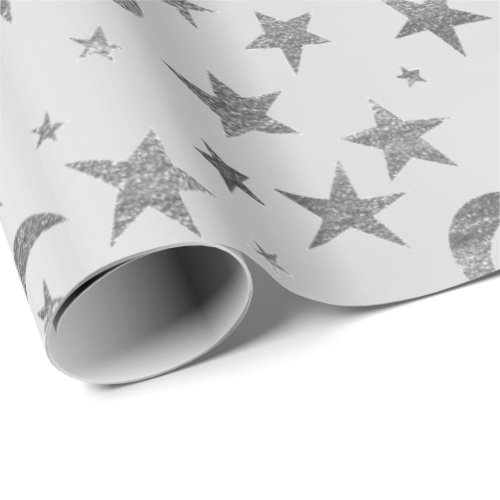 Elegant Stars Moon Silver Gray Metallic Sky Wrapping Paper