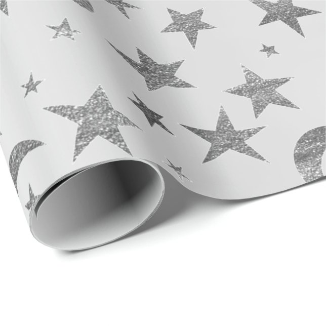 Elegant Stars Moon Silver Gray Metallic Sky Wrapping Paper (Roll Corner)