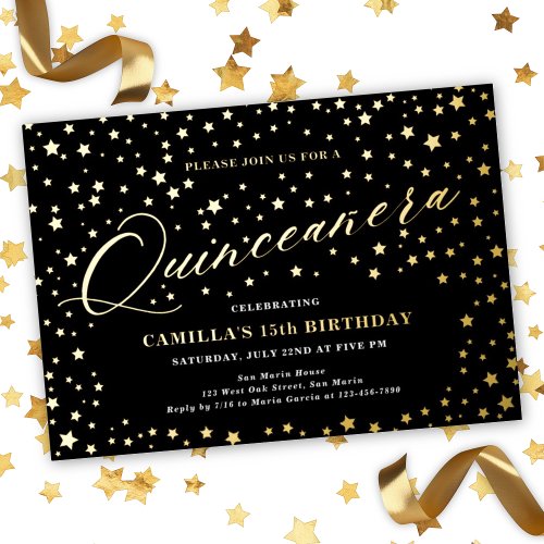 Elegant Stars Quinceaera 15th Birthday Party Foil Invitation
