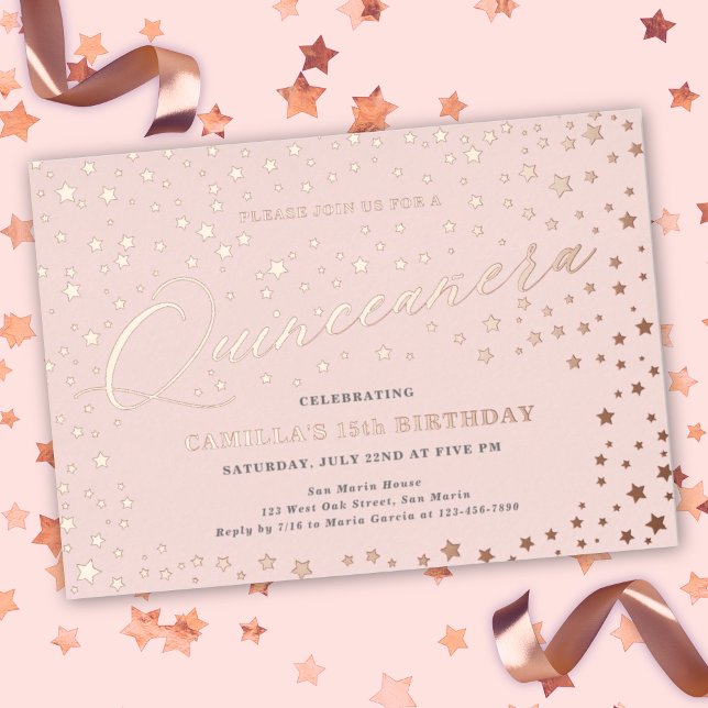 Elegant Stars Quinceañera 15th Birthday Party  Foil Invitation (Elegant Stars Quinceañera 15th Birthday Party Foil Invitation - Blush Pink with Rose Gold Foil)
