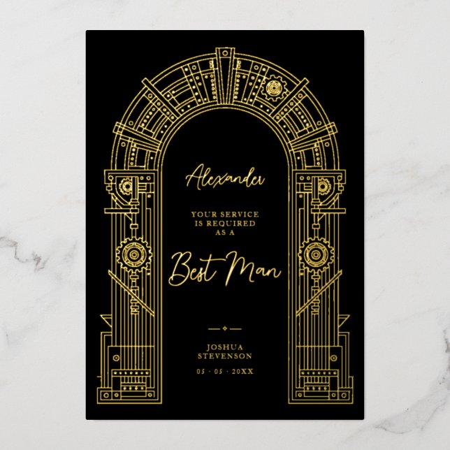 Elegant Steampunk Best Man Proposal Gold TLW26 Foil Invitation (Front)