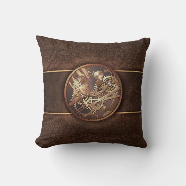 elegant steampunk gears gold brown throw pillow (Front)