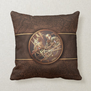elegant steampunk gears gold brown throw pillow