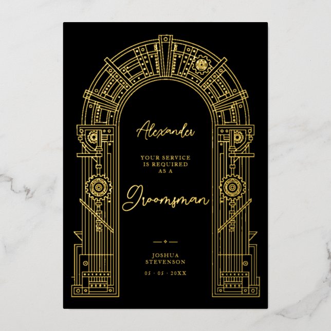 Elegant Steampunk Groomsman Proposal Gold TLW26 Foil Invitation (Front)