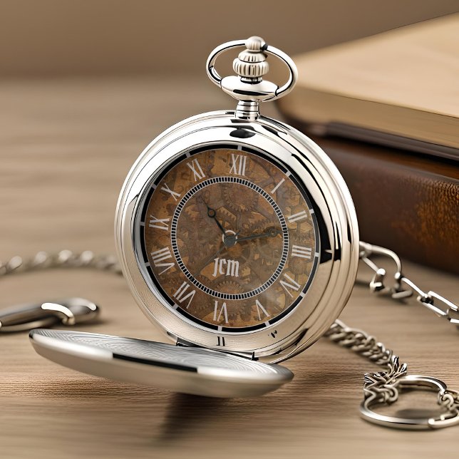 Elegant Steampunk Groomsmen Stylish Tobacco Brown Pocket Watch (Elegant Brown Steampunk Pocket Watch with Initial and Gears – Chic Design)