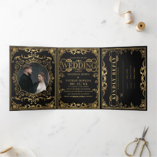 Elegant Steampunk Victorian Wedding Tri-Fold Invitation