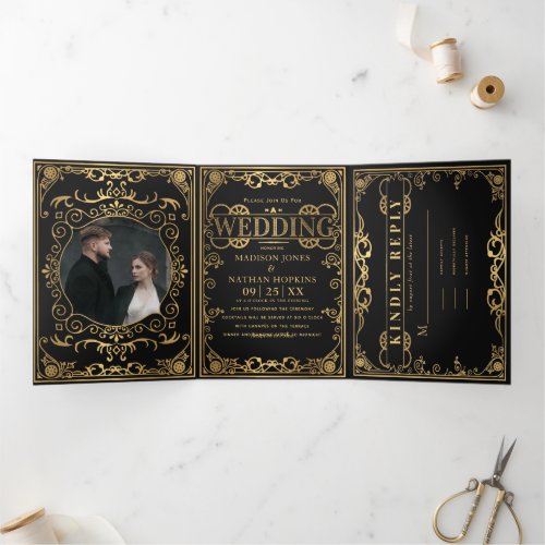 Elegant Steampunk Victorian Wedding  Tri_Fold Invitation