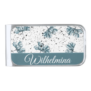 Elegant steel blue Floral Monogram Silver Finish Money Clip