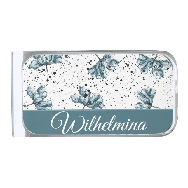 Elegant steel blue Floral Monogram Silver Finish Money Clip (Front)